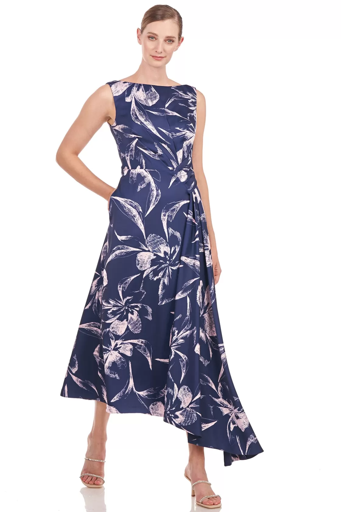 Cocktail Dresses<Kay Unger Emmaline Tea Length Dress Deep Navy Pink Bloom