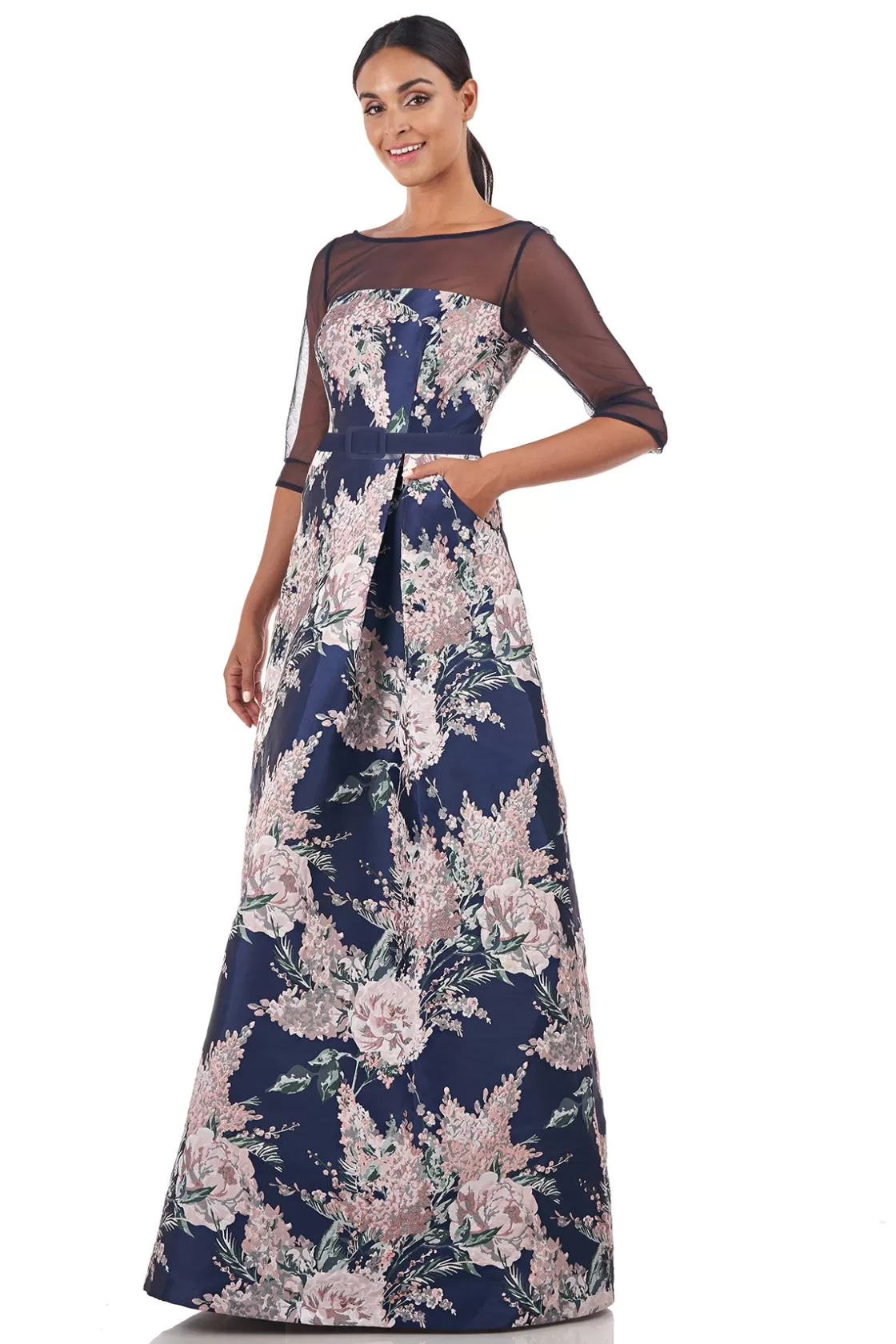 Evening Gowns<Kay Unger Heather Gown Marine Blue Rose Tan Multi