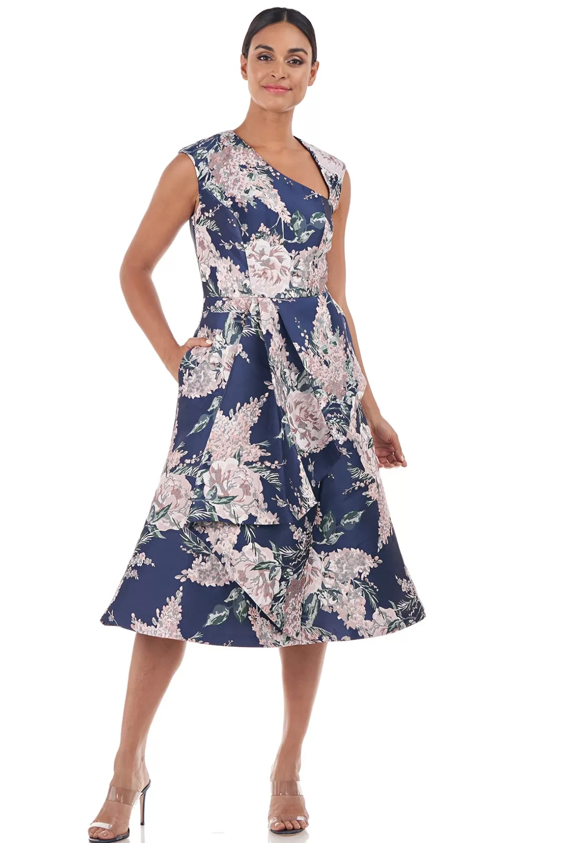 Cocktail Dresses<Kay Unger Veronica Midi Dress Marine Blue Rose Tan Multi